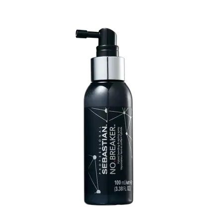 Produto de tratamento capilar Sebastian Professional No Breaker. Frasco preto e prata com 100 ml de capacidade. Embalagem cilíndrica com bico dosador preto.