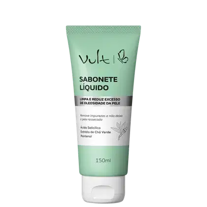Sabonete líquido da marca Vult Care em embalagem de 150ml, com design minimalista em tons de verde claro. O rótulo destaca os ingredientes ativos como ácido salicílico e extrato de chá verde.