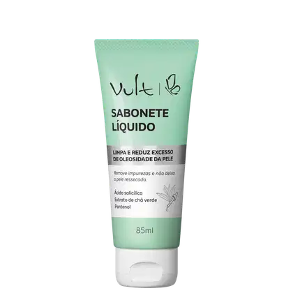 Sabonete líquido da marca Vult Care em embalagem de 85ml, com textura e cor esverdeada. O rótulo destaca os ingredientes ativos como ácido salicílico, extrato de chá verde e pantenol.