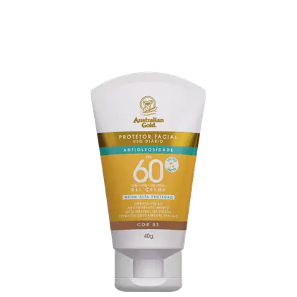 Protetor facial Australian Gold com FPS 60, embalagem branca e amarela, com rótulo destacando propriedades antioléosidade e antienvellecimento, dermatologicamente testado.
