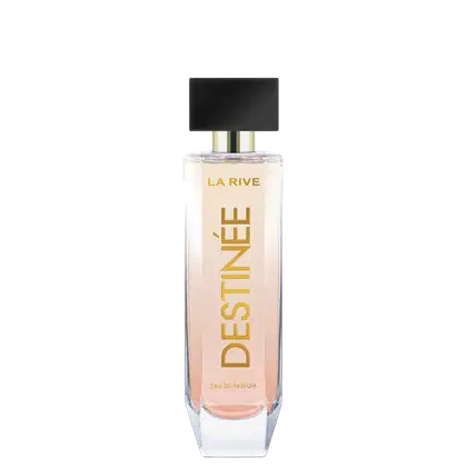 Frasco de perfume La Rive Destinee, com design elegante em tons de bege e dourado, apresentando o nome da marca e do produto em destaque.