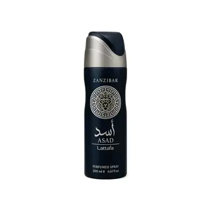 Frasco de desodorante Zanzibar Asad Lattafa, com design elegante em tons de azul escuro e prata, exibindo um logotipo decorativo em relevo. O produto é apresentado em embalagem cilíndrica com tampa.