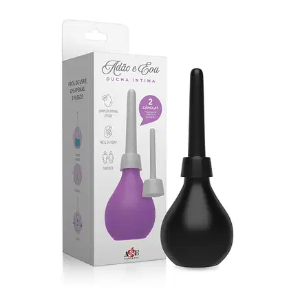 O produto apresentado é um dispositivo de higiene íntima da marca Adão e Eva, chamado "Ducha Íntima". Trata-se de um aplicador em formato de pera, com uma cor predominante preta