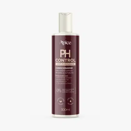 Condicionador da marca Apice Cosméticos, da linha "PH Control Anti Porosidade". O frasco é de cor vinho escuro com rótulo branco, contendo 300ml do produto.