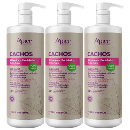 Imagem do produto Kit 3 Ativador E Modelador De Cachos Apse Apice Vegano Anti Frizz Creme De Pentar Uso Diario 1L