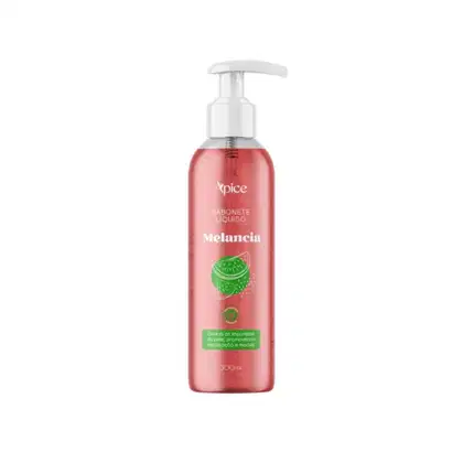 Sabonete líquido da marca Apice Cosméticos, com a fragrância de Melancia. A embalagem é um frasco com um dispenser branco na parte superior. O frasco possui uma coloração rosa clara, com um rótulo verde destacando a fragrância de melancia.