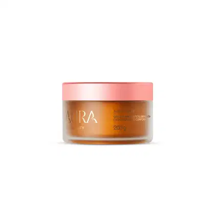 Pote de gel iluminador corporal da marca Aura Beauty, com embalagem de cor rosa e laranja, contendo 200g do produto. O rótulo apresenta o nome "Aurora Shine" e informações sobre o produto.
