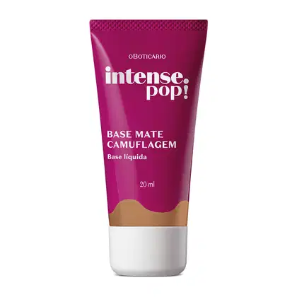 Frasco em tons de roxo e bege escuro com tampa e letras brancas contendo 20ml de base mate Camuflagem na cor 260 da marca Intense Pop!