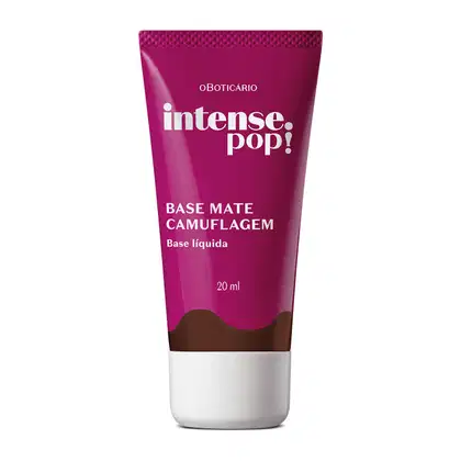 rasco em tons de roxo e marrom escuro com tampa e letras brancas contendo 20ml de base mate Camuflagem na cor 330 da marca Intense Pop!
