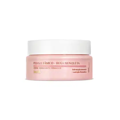 Pote rosa com letras na cor vinho e detalhes em rosa contendo 50g de creme hidratante firmador da marca Botik Poliglutâmico + Rosa Mosqueta.
