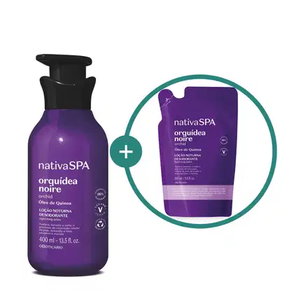 Duas embalagens contendo loção hidratante corporal da marca Nativa SPA Orquídea Noire em roxo, preto, lilás e branco, sendo um frasco de 400ml com bomba dosadora e um refil em sachê de 350ml.