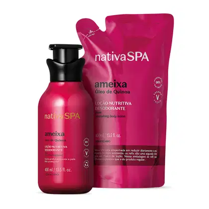 Dois itens da marca Nativa SPA Ameixa na cor rosa vibrante com letras douradas, brancas e pretas, sendo um frasco de 400ml com bomba dosadora preta de loção hidratante corporal e um refil em sachê de 400ml do mesmo produto.