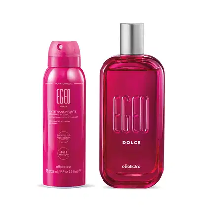 Dois itens da marca Egeo Dolce em tons de rosa vibrante, rosa bebê e branco, sendo um vidro com tampa prateada de desodorante colônia e um frasco em spray de desodorante antitranspirante aerossol.