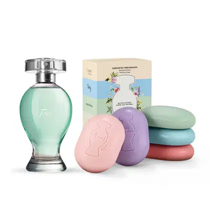 Dois itens Boticollection: caixa colorida com flores e logo da marca O Boticário, contendo cinco sabonetes em barra em cores variadas e um frasco curvilíneo com líquido azul, borrifador prateado e tampa cristal de desodorante colônia Free.