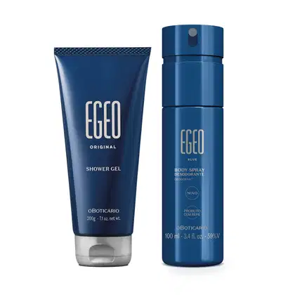 Dois itens da marca Egeo em embalagens azuis com letras cinzas, sendo uma bisnaga de shower gel e um frasco de body spray da linha Blue.