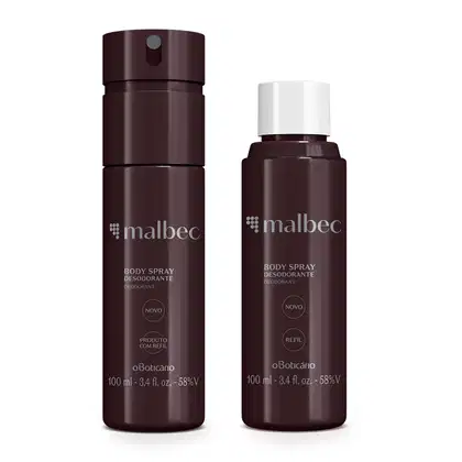 Dois frascos pretos com letras brancas contendo 100ml de body spray da marca Malbec, sendo a embalagem original do produto e o refil com tampa branca.