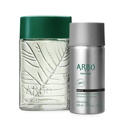 Dois itens da marca Arbo, sendo um vidro transparente verde com relevo de folhagens e tampa verde escura contendo 100ml de desodorante colônia e um refil em frasco prateado contendo 100ml de desodorante colônia da linha Intenso.