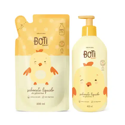 Dois itens Boti Baby em tons de bege e laranja com ilustração de passarinhos amarelos, sendo um frasco com bomba dosadora de sabonete líquido de glicerina e um refil em sachê.