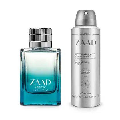 Dois itens da marca Zaad, sendo um frasco prateado com tampa e letras cinza de desodorante antitranspirante aerossol e um vidro com degradê de branco e azul e tampa cinza de Eau de Parfum da linha Arctic.