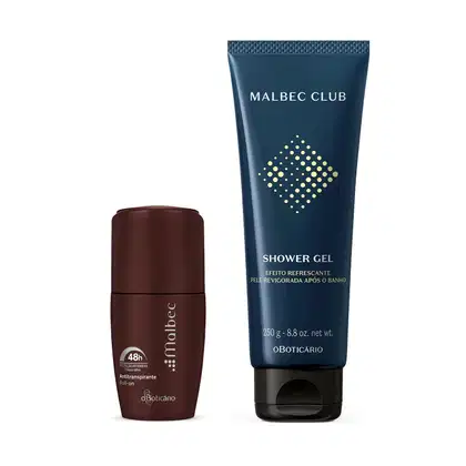 Dois itens da marca Malbec, sendo um frasco compacto na cor vinho com letras cinzas de desodorante roll-on e um frasco azul com letras e detalhes amarelos de shower gel da linha Club.