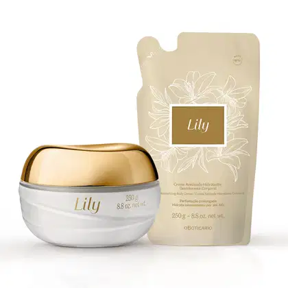 Duas embalagens contendo creme acetinado hidratante desodorante corporal Lily, sendo um pote branco com tampa e letras douradas e um refil em sachê bege com rótulo marrom e dourado.