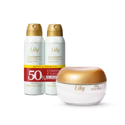 Três itens da marca Lily na cor branca com tampa e letras douradas, sendo dois frascos de desodorante antitranspirante aerossol e um pote de creme acetinado hidratante corporal.