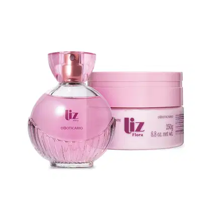 Dois itens da marca Liz Flora: vidro arredondado com líquido rosa, letras vinho, pulverizador dourado e tampa transparente de desodorante colônia e pote branco com tampa rosa e letras vinho de creme hidratante corporal.