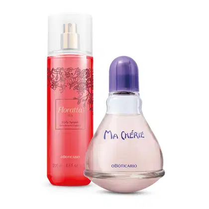 Frasco cilíndrico com líquido rosa, letras vinhos e douradas, pulverizador dourado e tampa branca transparente de body splash Floratta Red e vidro arredondado com líquido claro, tampa e letras azuis de desodorante colônia Ma Chérie.
