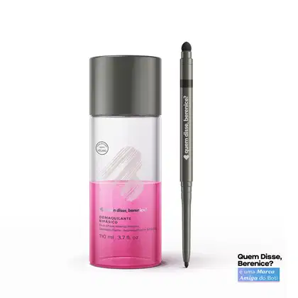Dois itens da marca Quem Disse, Berenice?: demaquilante bifásico nas cores branco e rosa com tampa preta e letras pretas e lápis de olhos com esfumador na cor preta.