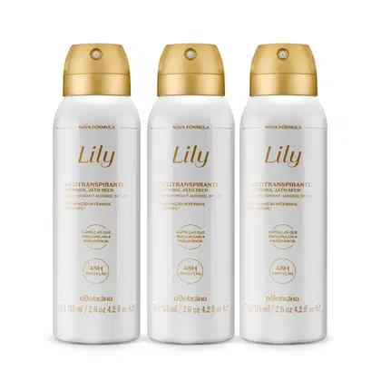 Três frascos brancos com letras e tampas douradas de desodorante antitranspirante aerossol Lily, contendo 125ml em cada um.