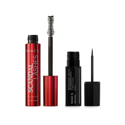 Tubo vinho metálico com letras prateadas, haste e escova aplicadora pretas de máscara de cílios Scandal Lashes e tubo preto com letras cinzas e ponta fina de delineador líquido, ambos da marca Make B.