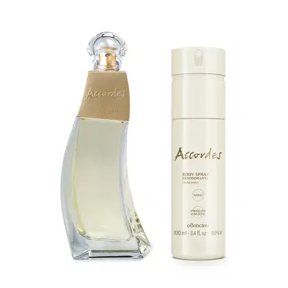 Dois itens da marca Accordes em tons de branco, dourado e marrom, sendo um vidro curvilíneo e tampa redonda de desodorante colônia e um frasco de body spray.