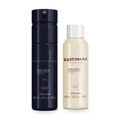 Frasco preto com letras amarelas contendo 100ml de body spray Connexion e um refil em frasco branco com letras marrons de desodorante colônia Portinari.