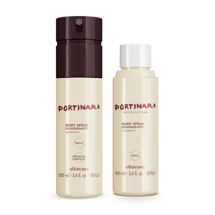 Duas embalagens brancas com letras marrons contendo desodorante body spray Boticollection Portinari, sendo um frasco com tampa preta e um refil com tampa branca.