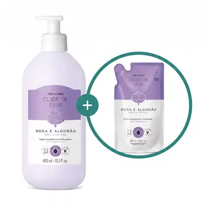 Duas embalagens contendo loção hidratante corporal Cuide-se Bem Rosa e Algodão nas cores branca e lilás com ilustração de uma flor de algodão no rótulo, sendo um frasco com bomba dosadora de 400ml e um refil em sachê de 350ml.