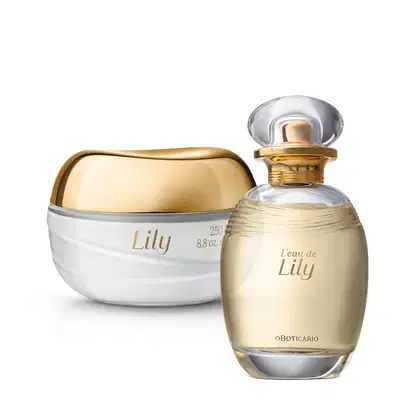Dois itens da marca L'eau de Lily, sendo um vidro em formato ovalado com líquido bege e tampa dourada de desodorante colônia e um pote com creme branco e tampa dourada de creme acetinado corporal.