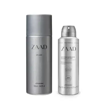 Na imagem um spray corporal de 200ml e um desodorante antitranspirante de 75g. Ambos tem formato cilíndrico e cor cinza prateado.