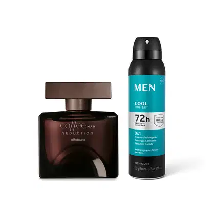 Vidro quadrado na cor marrom com tampa em formato retangular e letras douradas de desodorante colônia Coffee Man Seduction e frasco preto com rótulo azul e prateado de desodorante aerossol MEN Cool Protect.