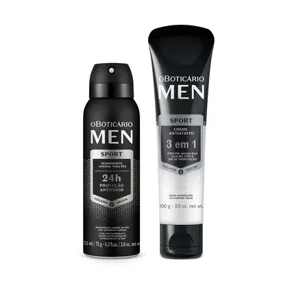 Dois itens da marca MEN Sport em tons de preto, branco e prateado, sendo um creme antiatrito 3 em 1 e um desodorante para os pés.