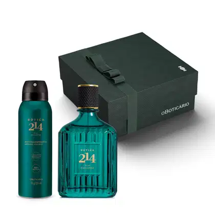 Caixa de presente preta com detalhes prateados e dois itens da marca Botica 214 Fiji Paradise em tons de verde, preto com letras douradas, sendo um Eau de Parfum e um desodorante aerossol.