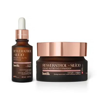 Dois itens Botik Resveratrol e Silício em embalagem marrom com tampa dourada e rótulo em letras amarelas, sendo um frasco com conta-gotas branco de sérum facial e um pote de creme nutritivo firmador.