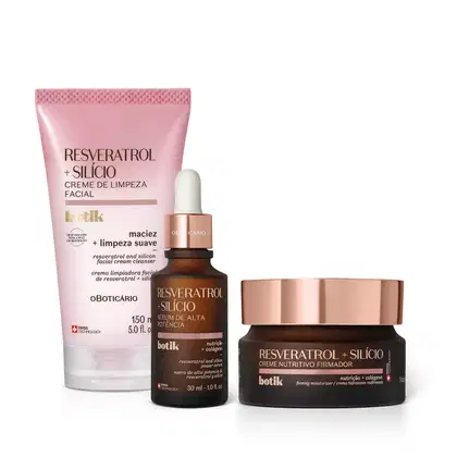 Três itens Botik Resveratrol e Silício: bisnaga rosa e branca com letras marrons de creme de limpeza facial, frasco marrom com conta-gotas dourado e branco de sérum facial e pote marrom com tampa dourada de creme nutritivo firmador.