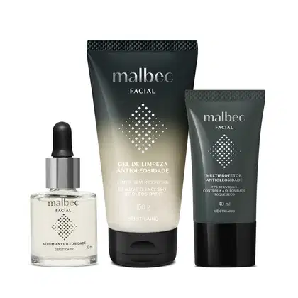 Kit antioleosidade com um frasco de 30ml com líquido claro, tampa prateada e conta-gotas preto de sérum antioleosidade, bisnaga preta e branca com 150g de gel de limpeza e bisnaga cinza e preta com letras brancas contendo 40ml de protetor solar FPS 30.