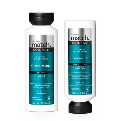 Dois itens da marca Match Science Crescimento na cor branca com tampa preta e rótulo em azul, preto e prata, sendo um de 300ml de shampoo e outro de 280ml de condcionador.
