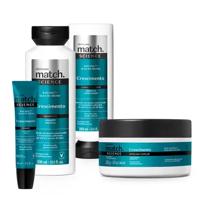 Quatro itens da marca Match Science Crescimento nas cores branca, azul, preto e prateado, sendo shampoo, condicionador, máscara e tônico capilar.