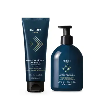 Produtos de higiene corporal Malbec. Um frasco de loção hidratante corporal desodorante de 200 ml, em embalagem plástica azul escura. Um sabonete líquido corporal de 250 g, em embalagem plástica azul escura.