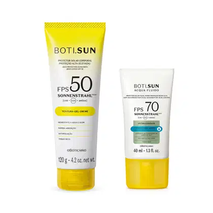 Um protetor solar corporal FPS 50 em textura gel creme, embalagem amarela de 120g. Um protetor solar facial FPS 70 em textura fluida aquosa, embalagem branca e amarela de 40ml. Ambos possuem resistência à água, rápida absorção, antipoluição e toque seco.