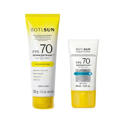 Um protetor solar corporal FPS 70 textura gel creme, embalagem amarela 120g. Um protetor solar facial FPS 70 textura fluida aquosa antissinais, embalagem branca e amarela 40ml. Ambos possuem resistência à água, rápida absorção, antipoluição e toque seco.