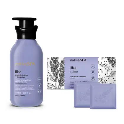 Dois itens Nativa SPA Lilac: frasco na cor lilás com tampa dosadora preta de loção hidratante corporal e dois sabonetes em barra na mesma cor ao lado de sua embalagem branca com rótulo e detalhes lilás.