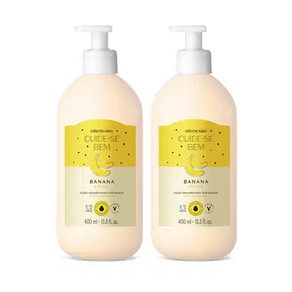 Dois frascos brancos com bomba dosadora e rótulo em tons de amarelo com ilustração de bananas contendo 400ml de loção hidratante corporal Cuide-se Bem Feira Banana.